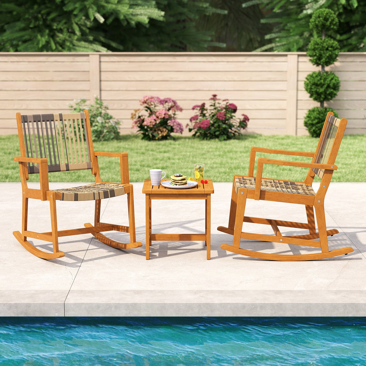 3 Piece Patio Rocking Set Acacia Wood Rocker Bistro Set with Rattan Seat and Back view 6