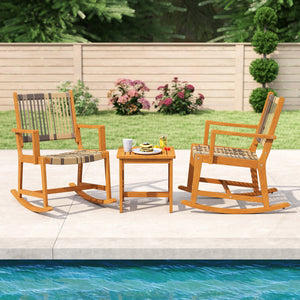 3 Piece Patio Rocking Set Acacia Wood Rocker Bistro Set with Rattan Seat and Back view 6