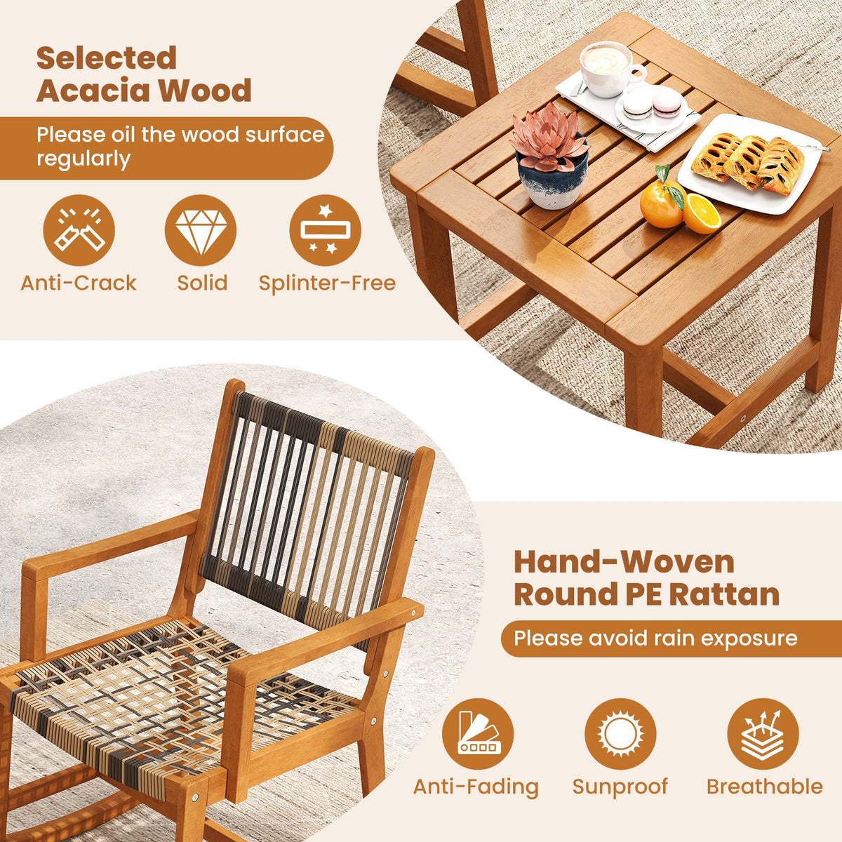 3 Piece Patio Rocking Set Acacia Wood Rocker Bistro Set with Rattan Seat and Back view 8