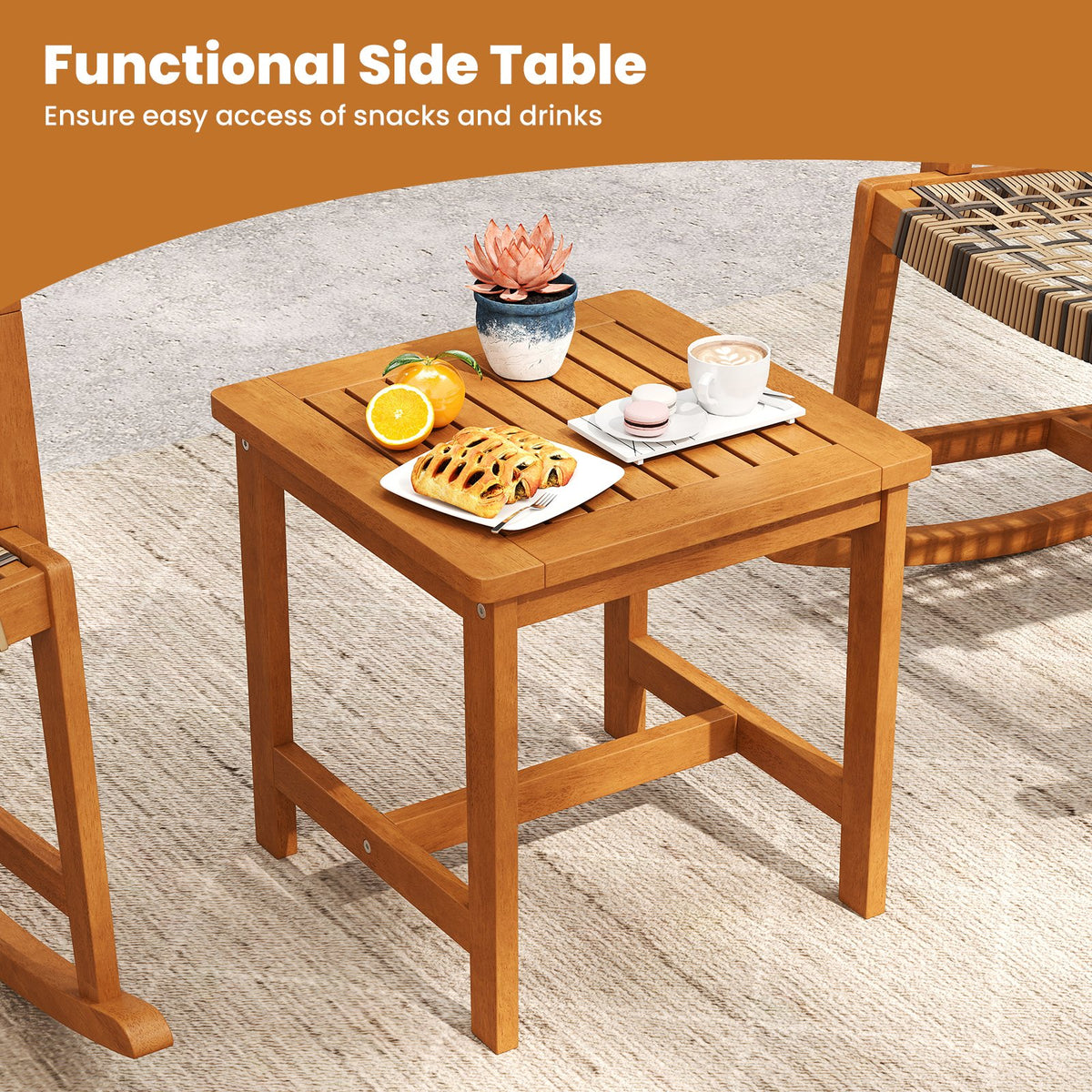 3 Piece Patio Rocking Set Acacia Wood Rocker Bistro Set with Rattan Seat and Back view 9