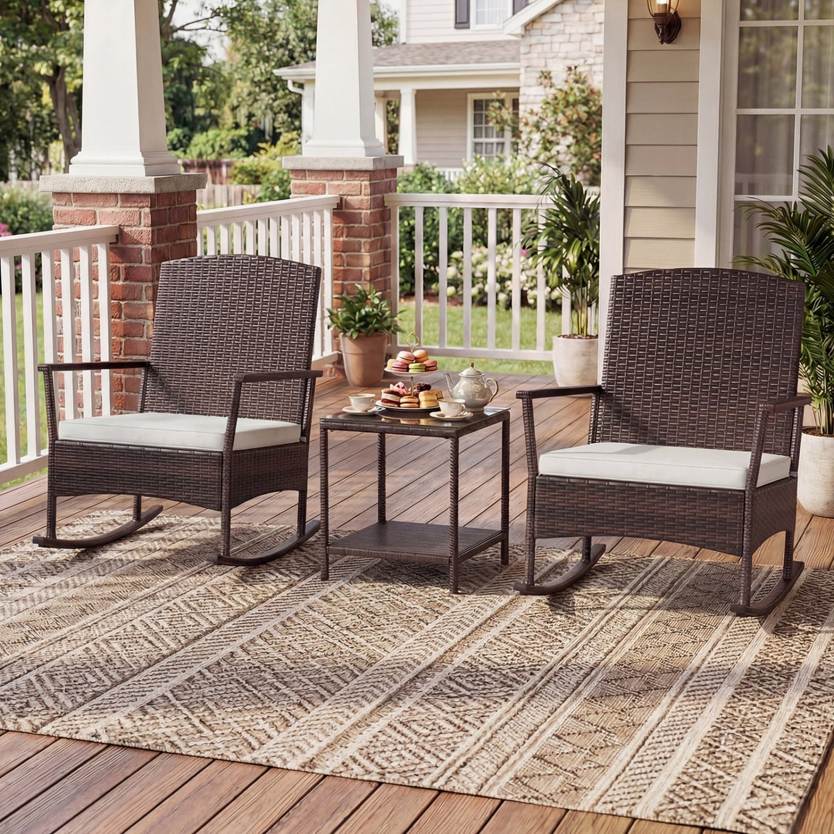 3 Piece Patio Rocking Set Wicker Rocking Chairs with 2-Tier Coffee Table-Off White view 2