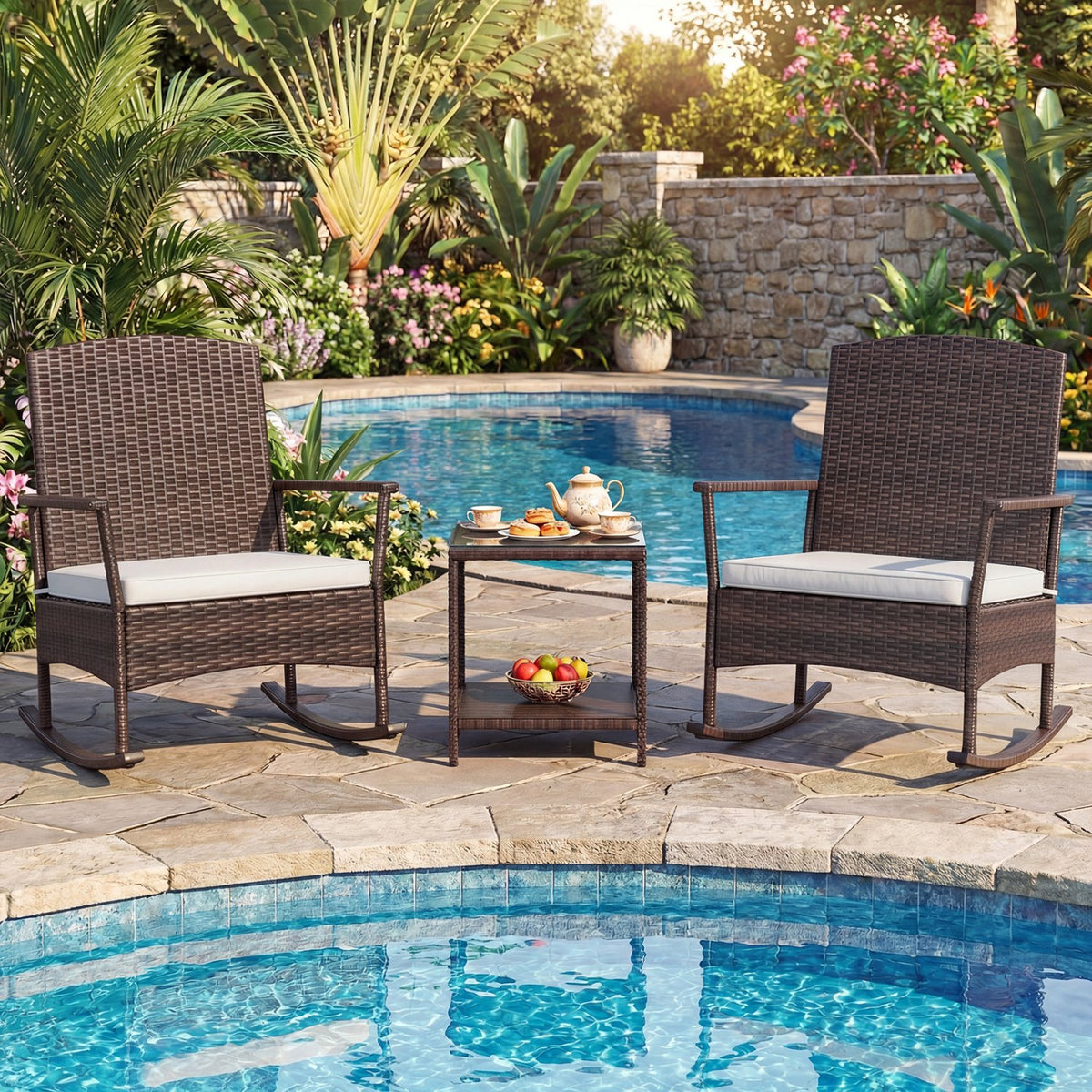 3 Piece Patio Rocking Set Wicker Rocking Chairs with 2-Tier Coffee Table-Off White view 3