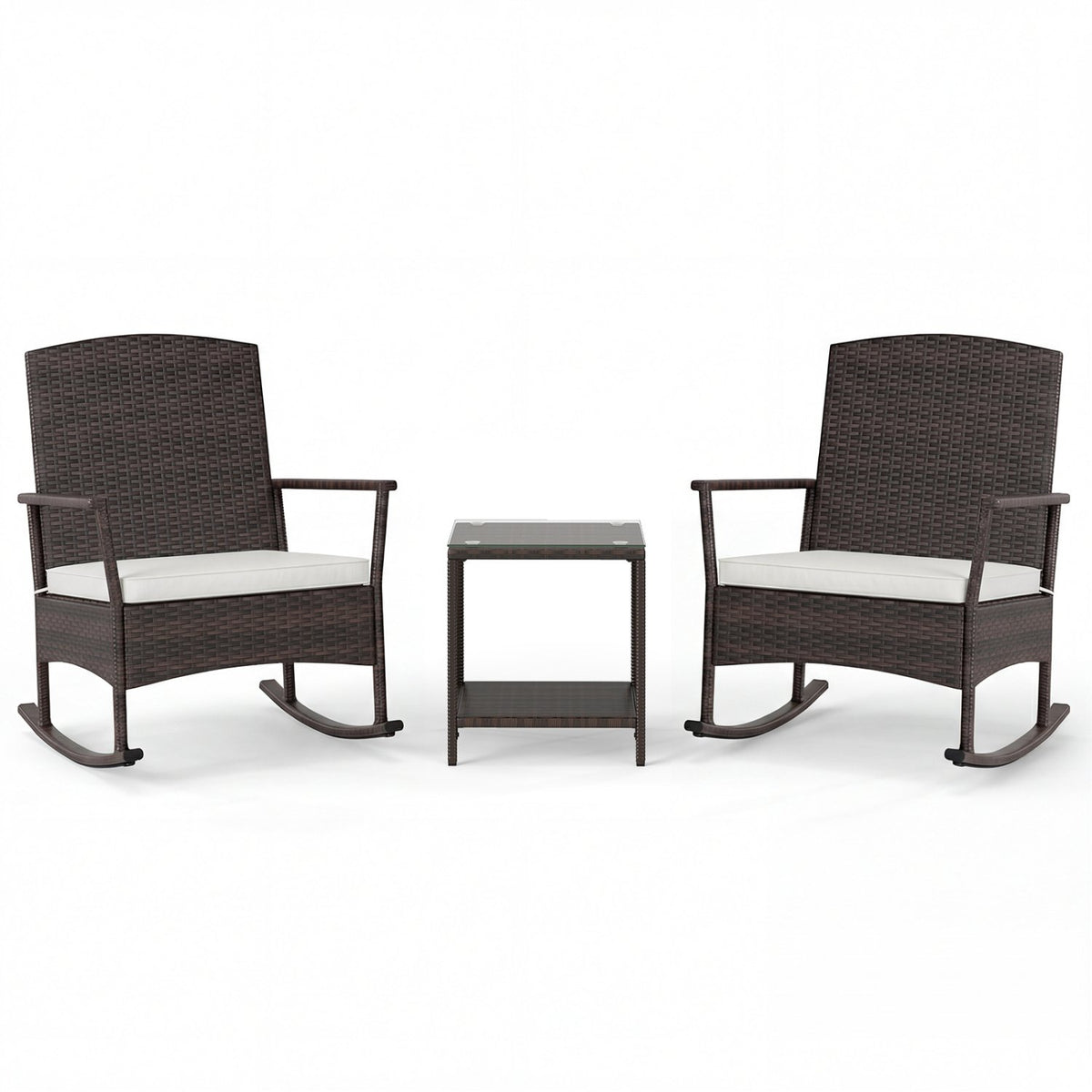3 Piece Patio Rocking Set Wicker Rocking Chairs with 2-Tier Coffee Table-Off White view 4