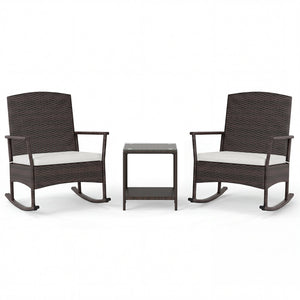 3 Piece Patio Rocking Set Wicker Rocking Chairs with 2-Tier Coffee Table-Off White view 4
