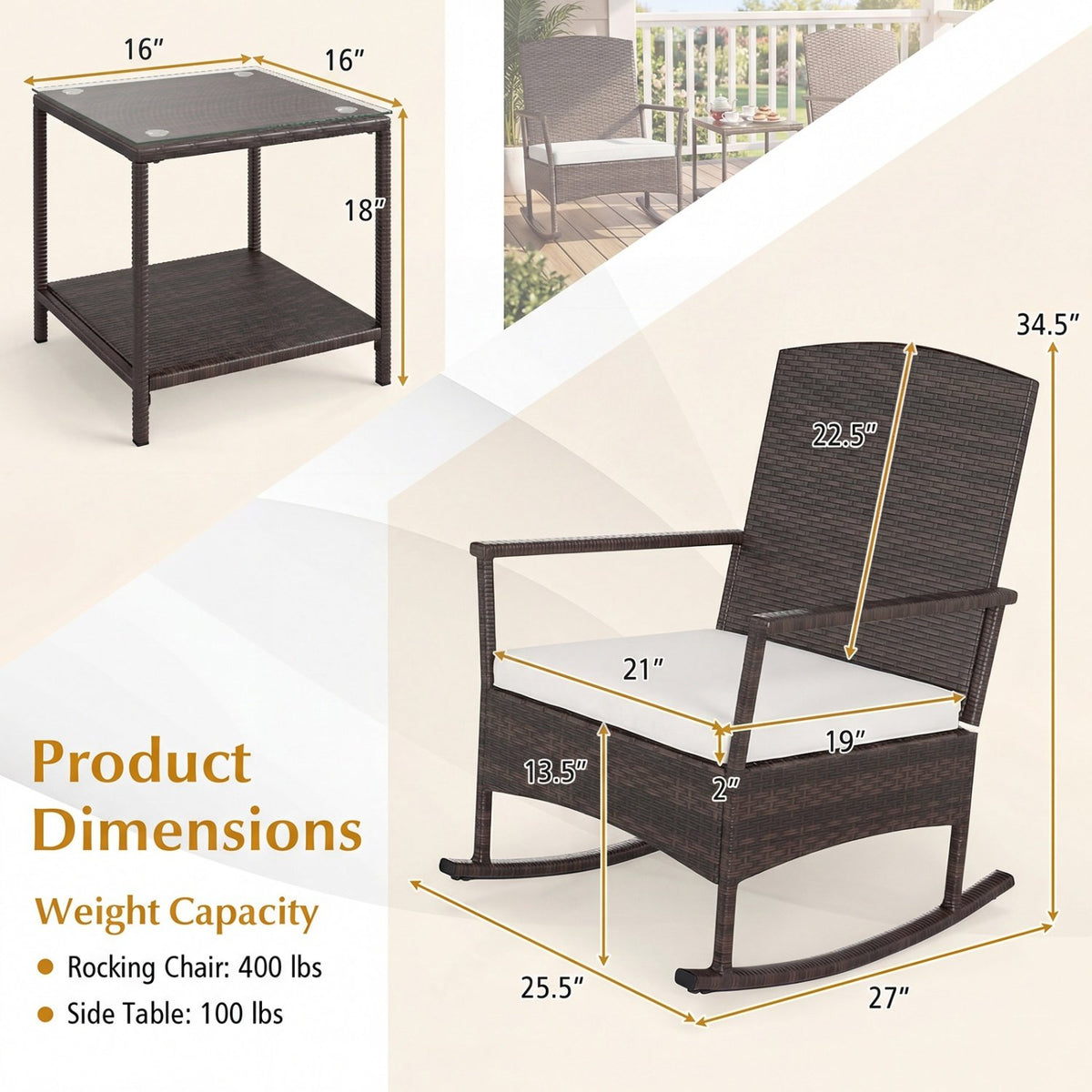 3 Piece Patio Rocking Set Wicker Rocking Chairs with 2-Tier Coffee Table-Off White view 5