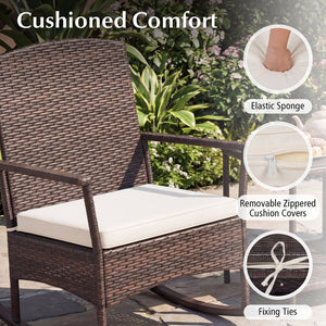 3 Piece Patio Rocking Set Wicker Rocking Chairs with 2-Tier Coffee Table-Off White view 8