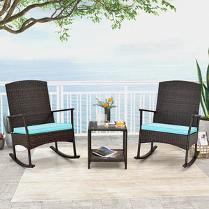 3 Piece Patio Rocking Set Wicker Rocking Chairs with 2-Tier Coffee Table-Turquoise view 2
