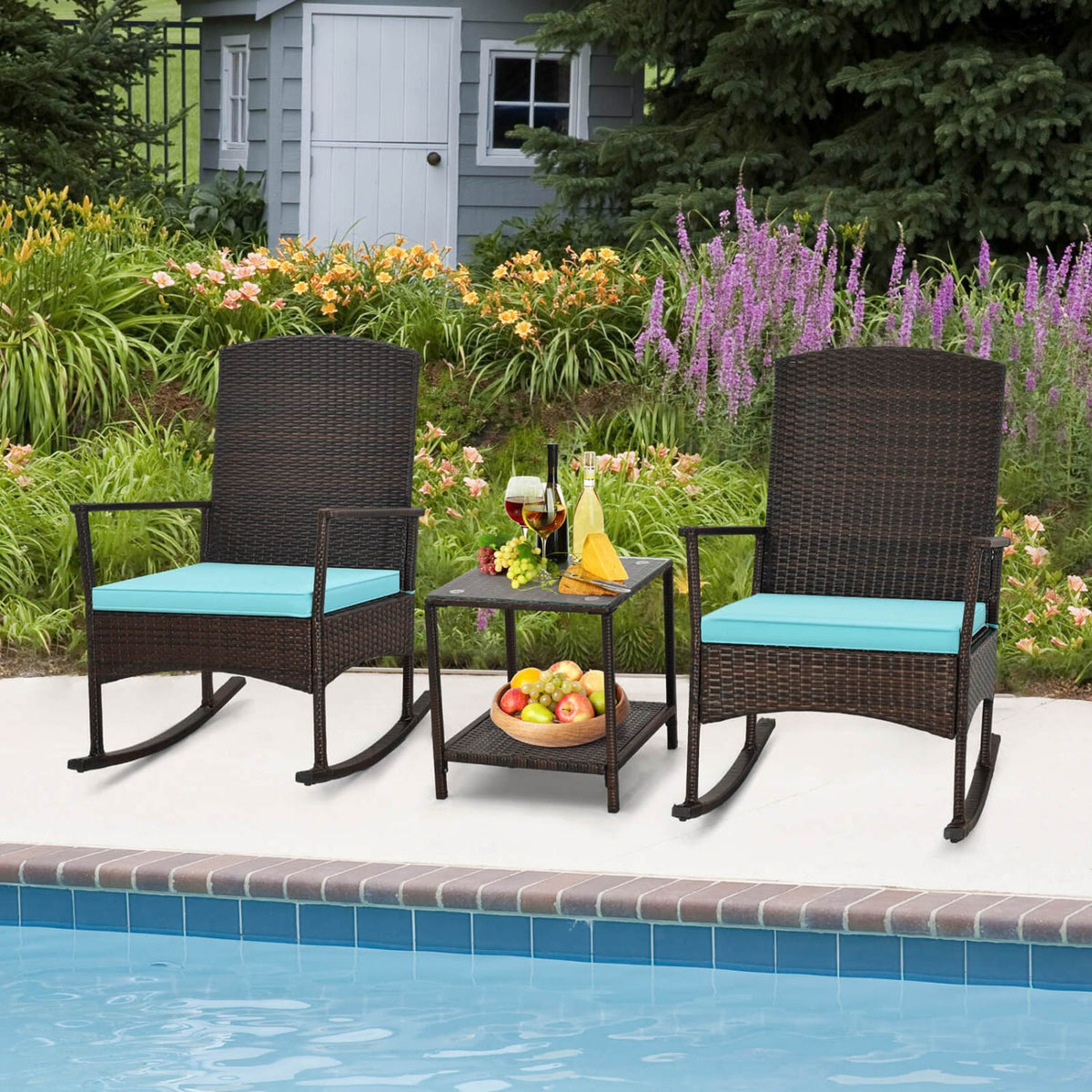 3 Piece Patio Rocking Set Wicker Rocking Chairs with 2-Tier Coffee Table-Turquoise view 6
