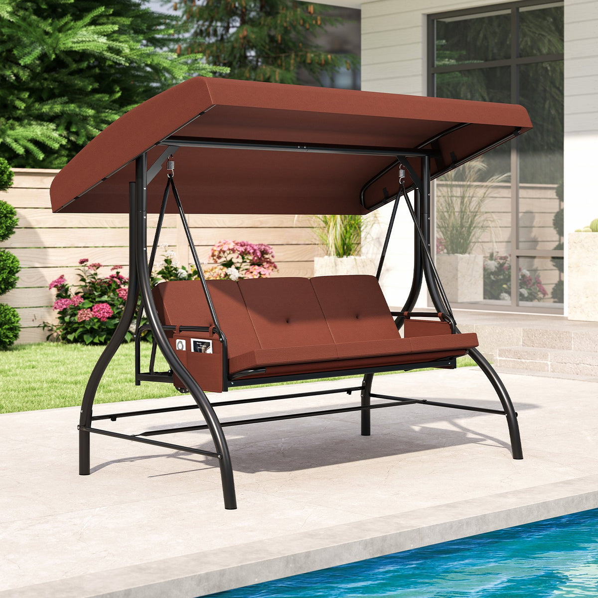3-Piece Patio Swing with Canopy Removable Cushions and Side Pockets-Brown view 2