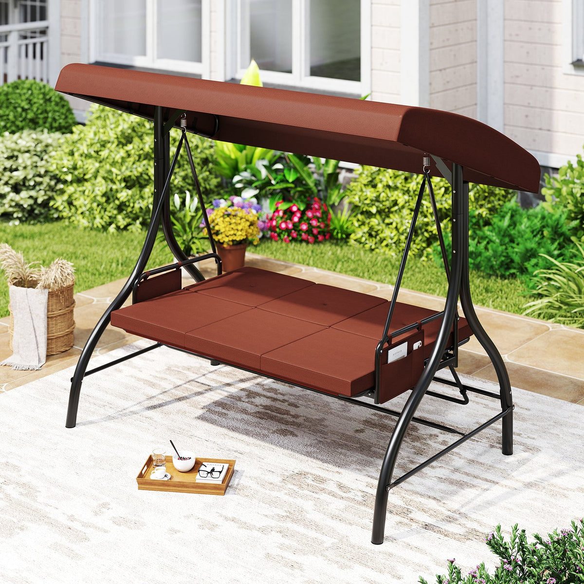 3-Piece Patio Swing with Canopy Removable Cushions and Side Pockets-Brown view 3