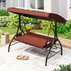 3-Piece Patio Swing with Canopy Removable Cushions and Side Pockets-Brown view 3