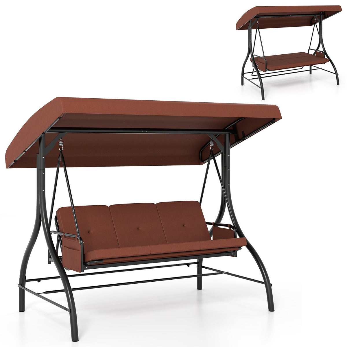 3-Piece Patio Swing with Canopy Removable Cushions and Side Pockets-Brown view 4