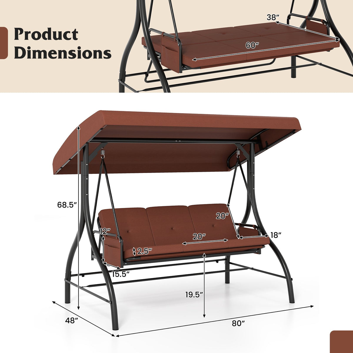 3-Piece Patio Swing with Canopy Removable Cushions and Side Pockets-Brown view 5