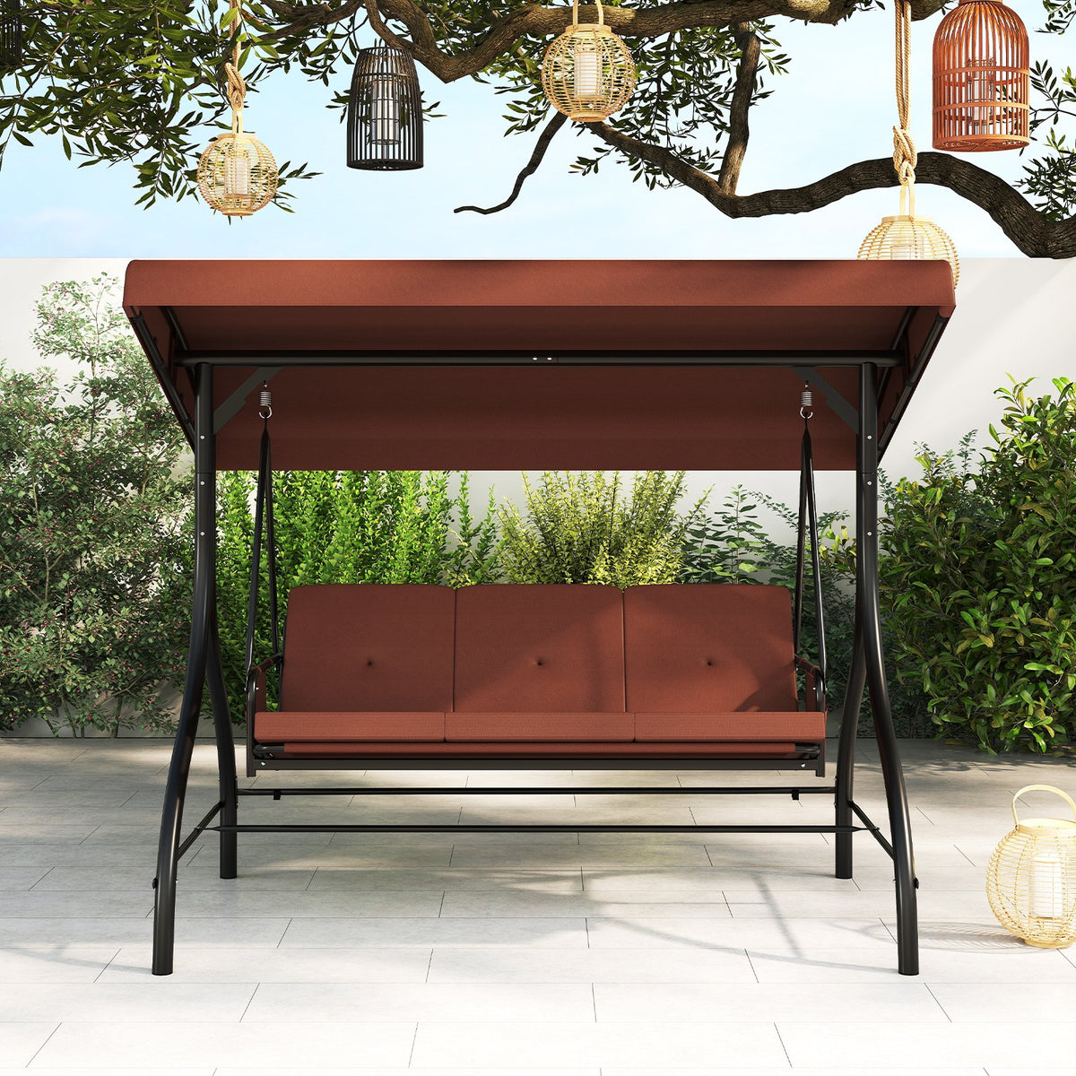 3-Piece Patio Swing with Canopy Removable Cushions and Side Pockets-Brown view 6