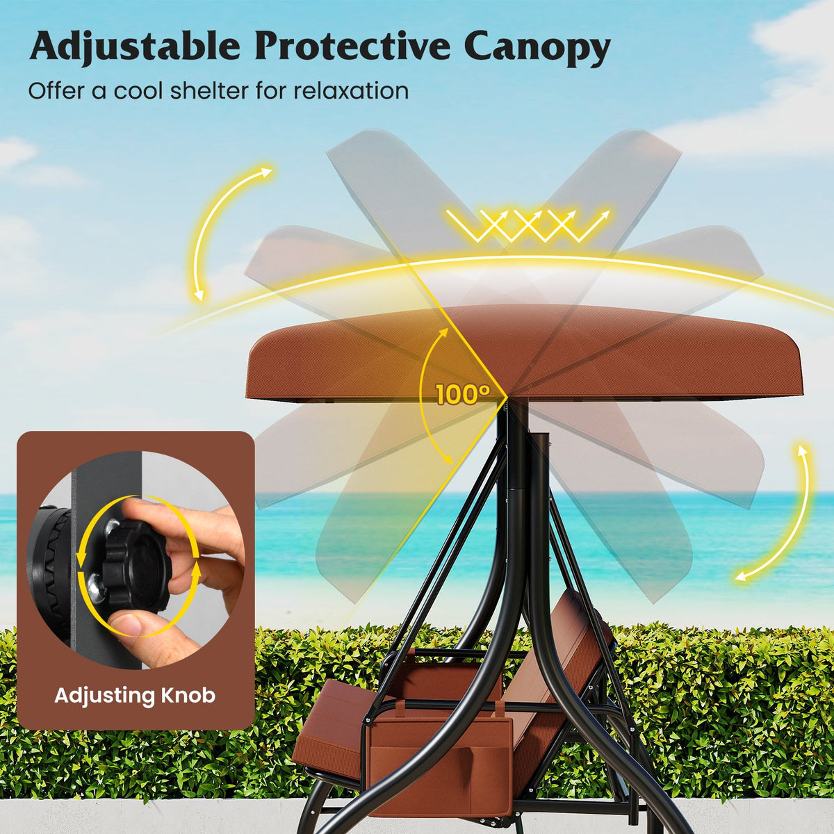3-Piece Patio Swing with Canopy Removable Cushions and Side Pockets-Brown view 7