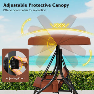 3-Piece Patio Swing with Canopy Removable Cushions and Side Pockets-Brown view 7