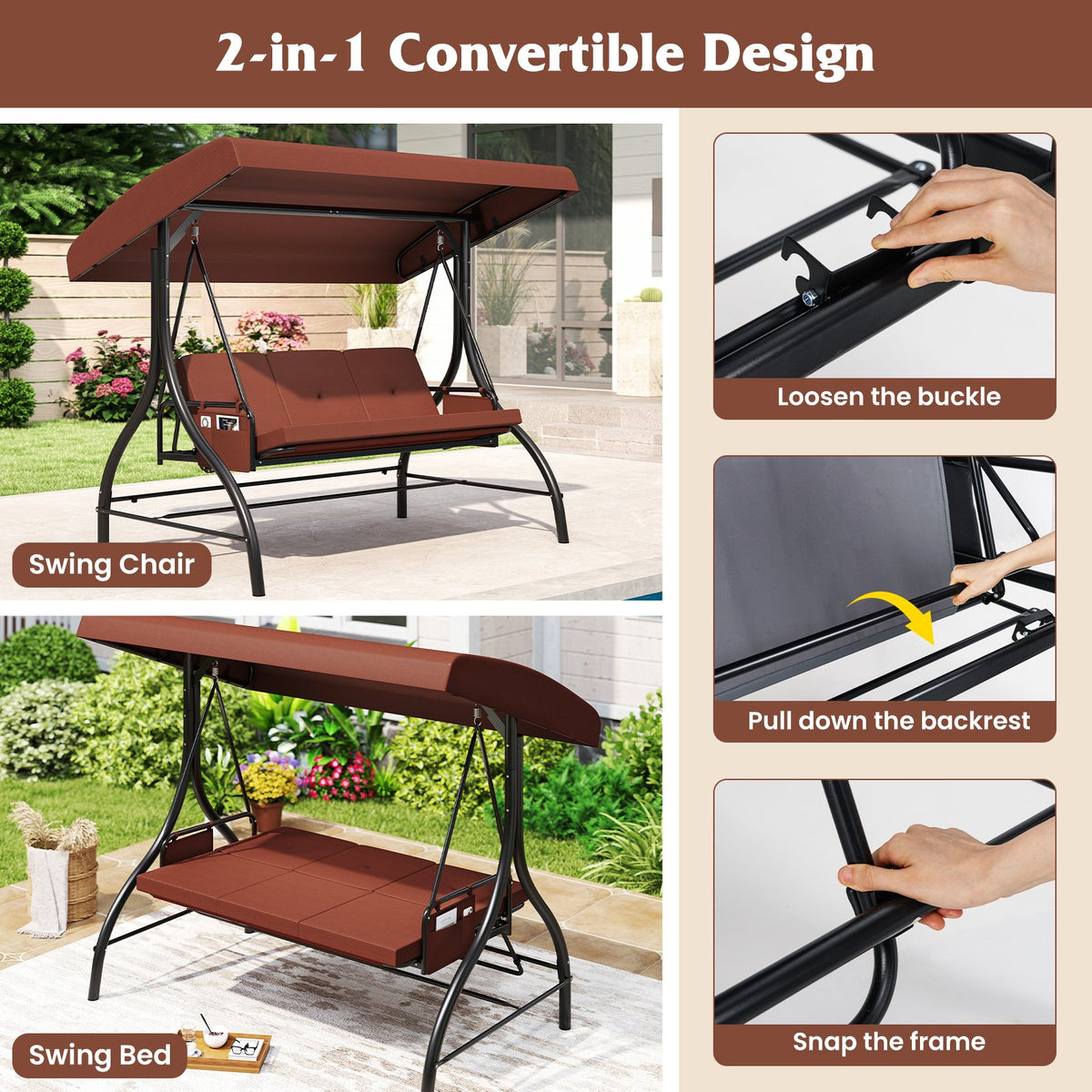 3-Piece Patio Swing with Canopy Removable Cushions and Side Pockets-Brown view 8