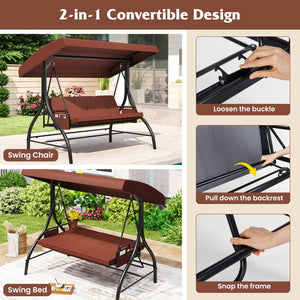 3-Piece Patio Swing with Canopy Removable Cushions and Side Pockets-Brown view 8