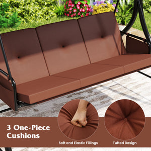 3-Piece Patio Swing with Canopy Removable Cushions and Side Pockets-Brown view 9