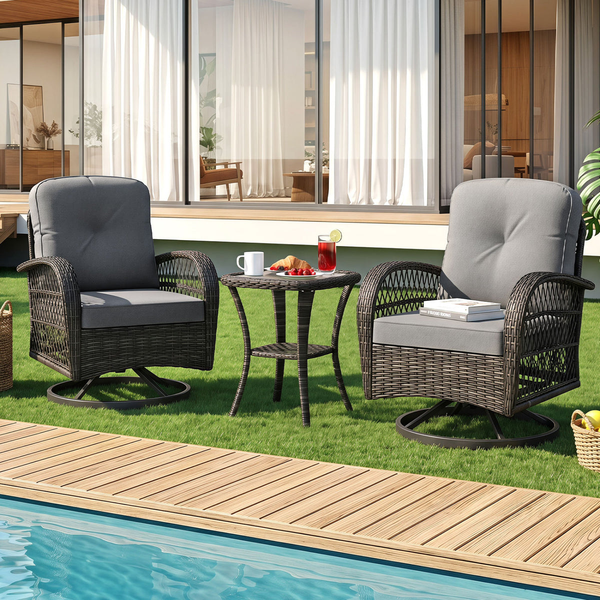 3 Piece Patio Swivel Rocker Set with Tempered Glass Side Table and Thick Cushions-Dark Gray view 2