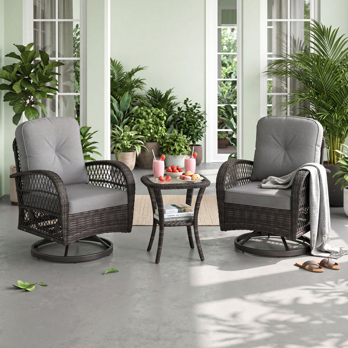 3 Piece Patio Swivel Rocker Set with Tempered Glass Side Table and Thick Cushions-Dark Gray view 3