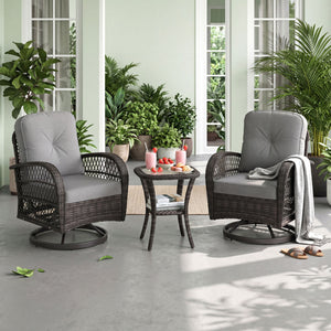 3 Piece Patio Swivel Rocker Set with Tempered Glass Side Table and Thick Cushions-Dark Gray view 3