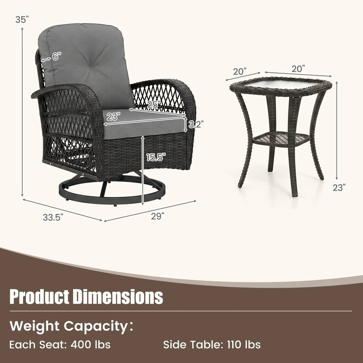 3 Piece Patio Swivel Rocker Set with Tempered Glass Side Table and Thick Cushions-Dark Gray view 4