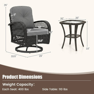 3 Piece Patio Swivel Rocker Set with Tempered Glass Side Table and Thick Cushions-Dark Gray view 4