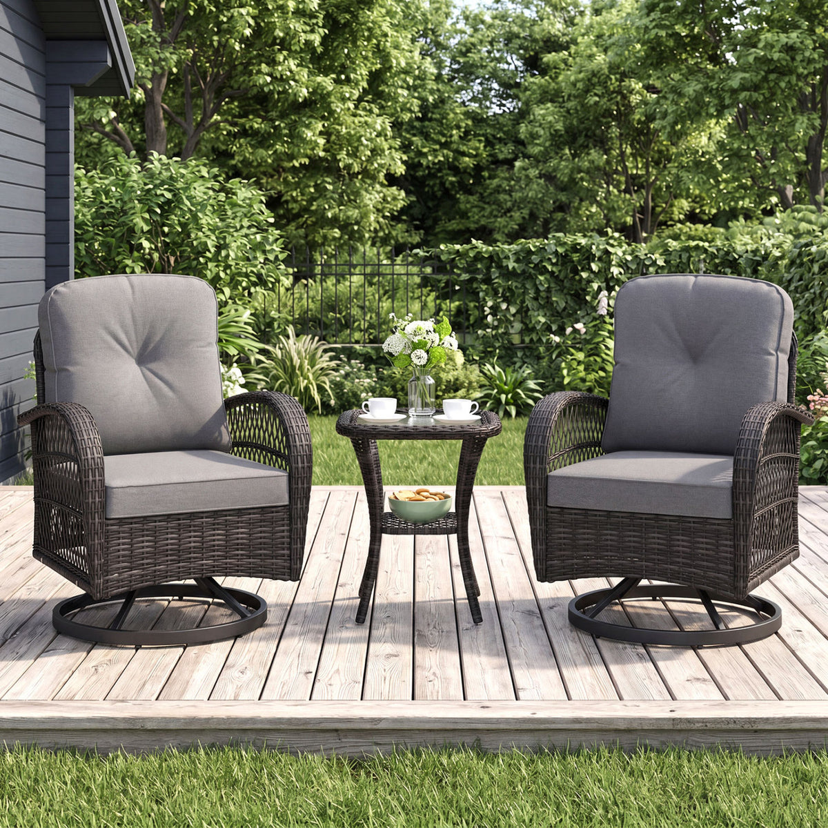 3 Piece Patio Swivel Rocker Set with Tempered Glass Side Table and Thick Cushions-Dark Gray view 5