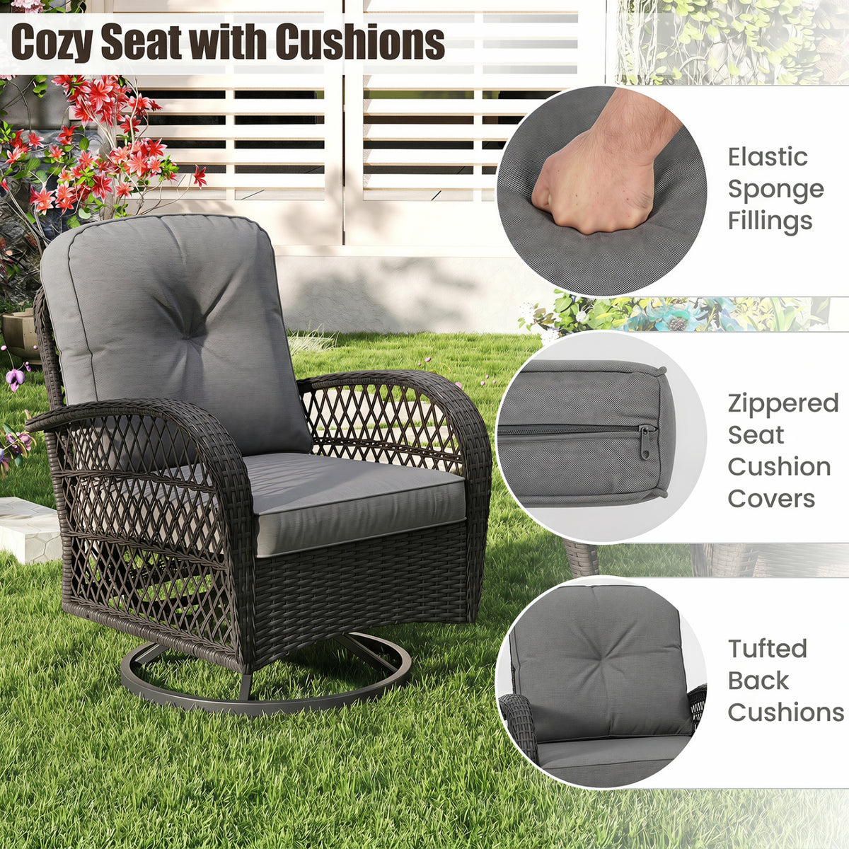 3 Piece Patio Swivel Rocker Set with Tempered Glass Side Table and Thick Cushions-Dark Gray view 7
