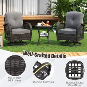 3 Piece Patio Swivel Rocker Set with Tempered Glass Side Table and Thick Cushions-Dark Gray view 9