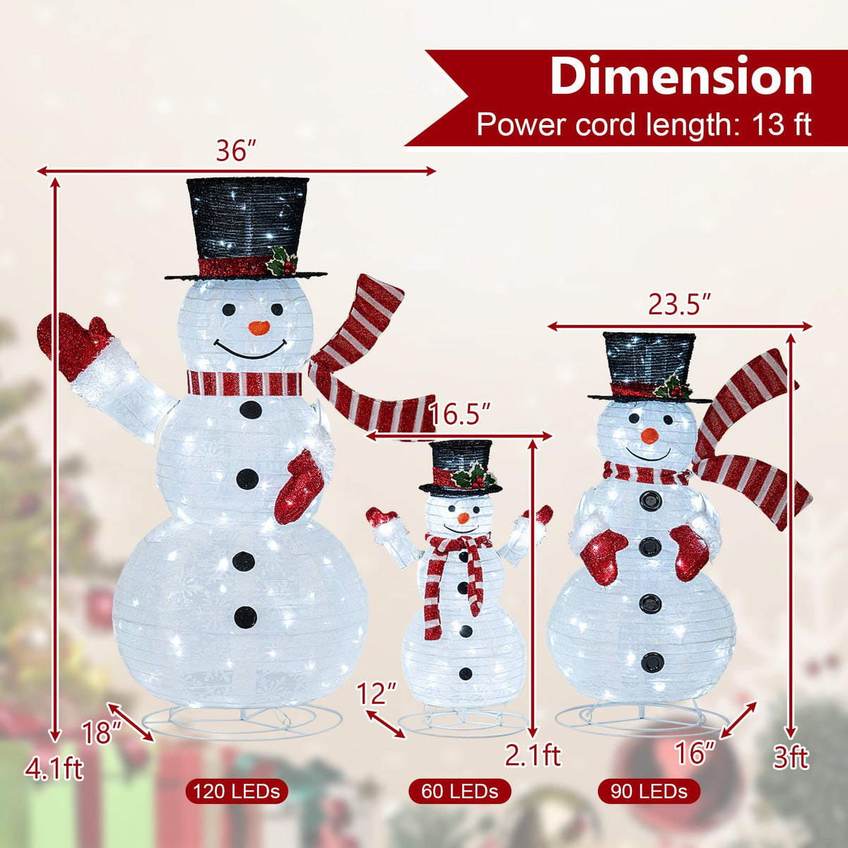 3-Piece Pre-Lit 3D Snowman Set with 270 LED Lights view 5
