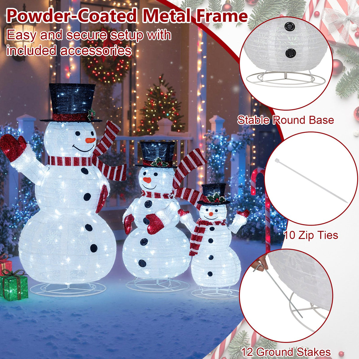 3-Piece Pre-Lit 3D Snowman Set with 270 LED Lights view 9