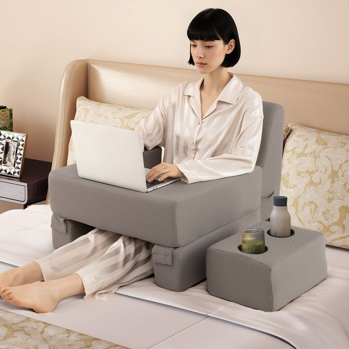 3-Piece Reading Pillow Set Extra Large Lap Desk with Coaster-Gray view 3