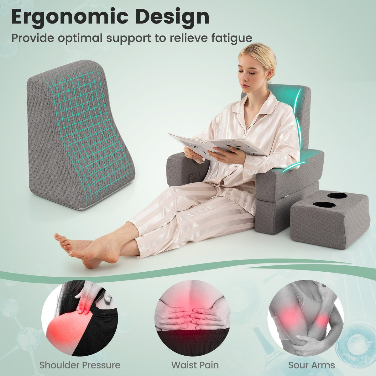 3-Piece Reading Pillow Set Extra Large Lap Desk with Coaster-Gray view 6