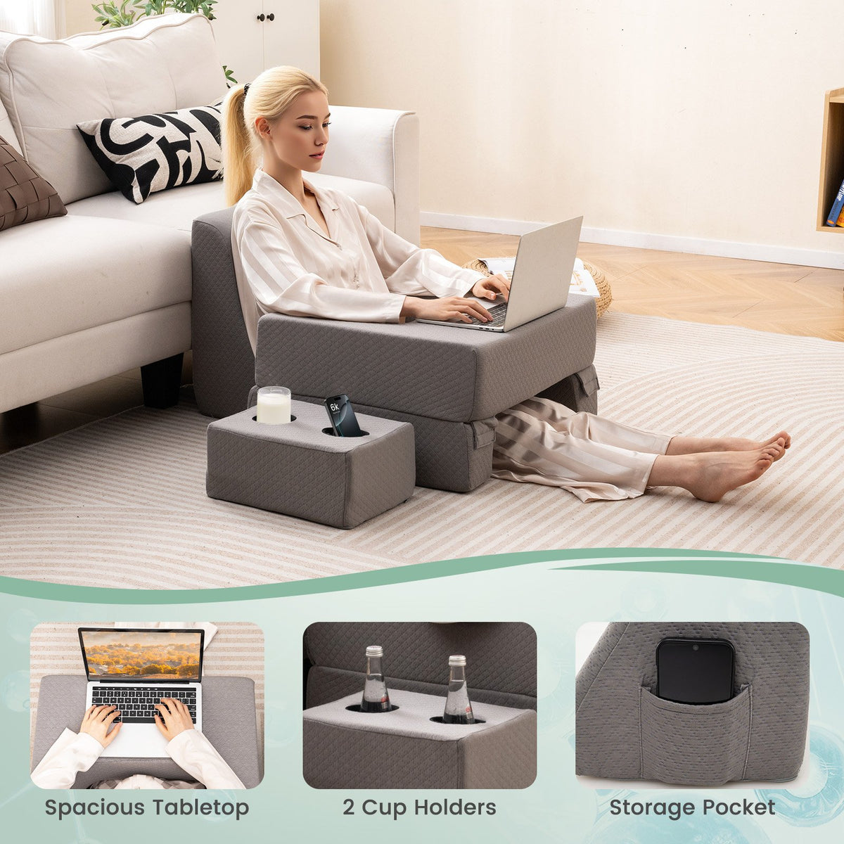 3-Piece Reading Pillow Set Extra Large Lap Desk with Coaster-Gray view 9