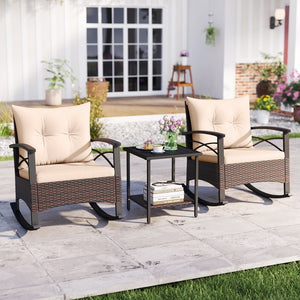 3 Piece Rocking Bistro Set PE Rattan Rocker Chairs with Acacia Wood Top Table-Beige view 2