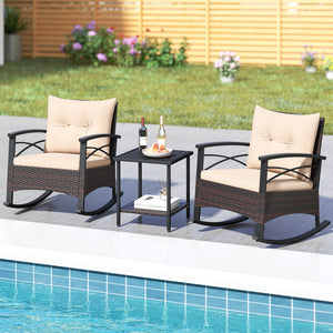 3 Piece Rocking Bistro Set PE Rattan Rocker Chairs with Acacia Wood Top Table-Beige view 3