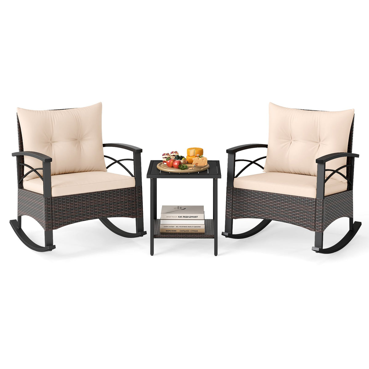 3 Piece Rocking Bistro Set PE Rattan Rocker Chairs with Acacia Wood Top Table-Beige view 4