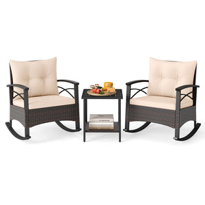 3 Piece Rocking Bistro Set PE Rattan Rocker Chairs with Acacia Wood Top Table-Beige view 4