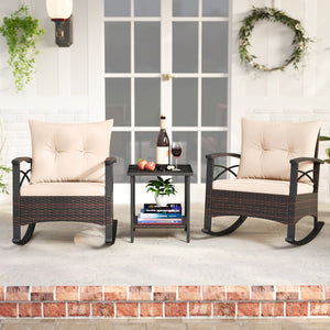 3 Piece Rocking Bistro Set PE Rattan Rocker Chairs with Acacia Wood Top Table-Beige view 6