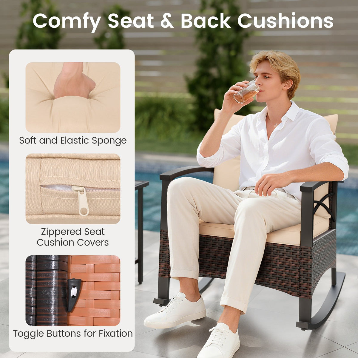 3 Piece Rocking Bistro Set PE Rattan Rocker Chairs with Acacia Wood Top Table-Beige view 9