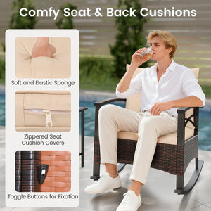 3 Piece Rocking Bistro Set PE Rattan Rocker Chairs with Acacia Wood Top Table-Beige view 9
