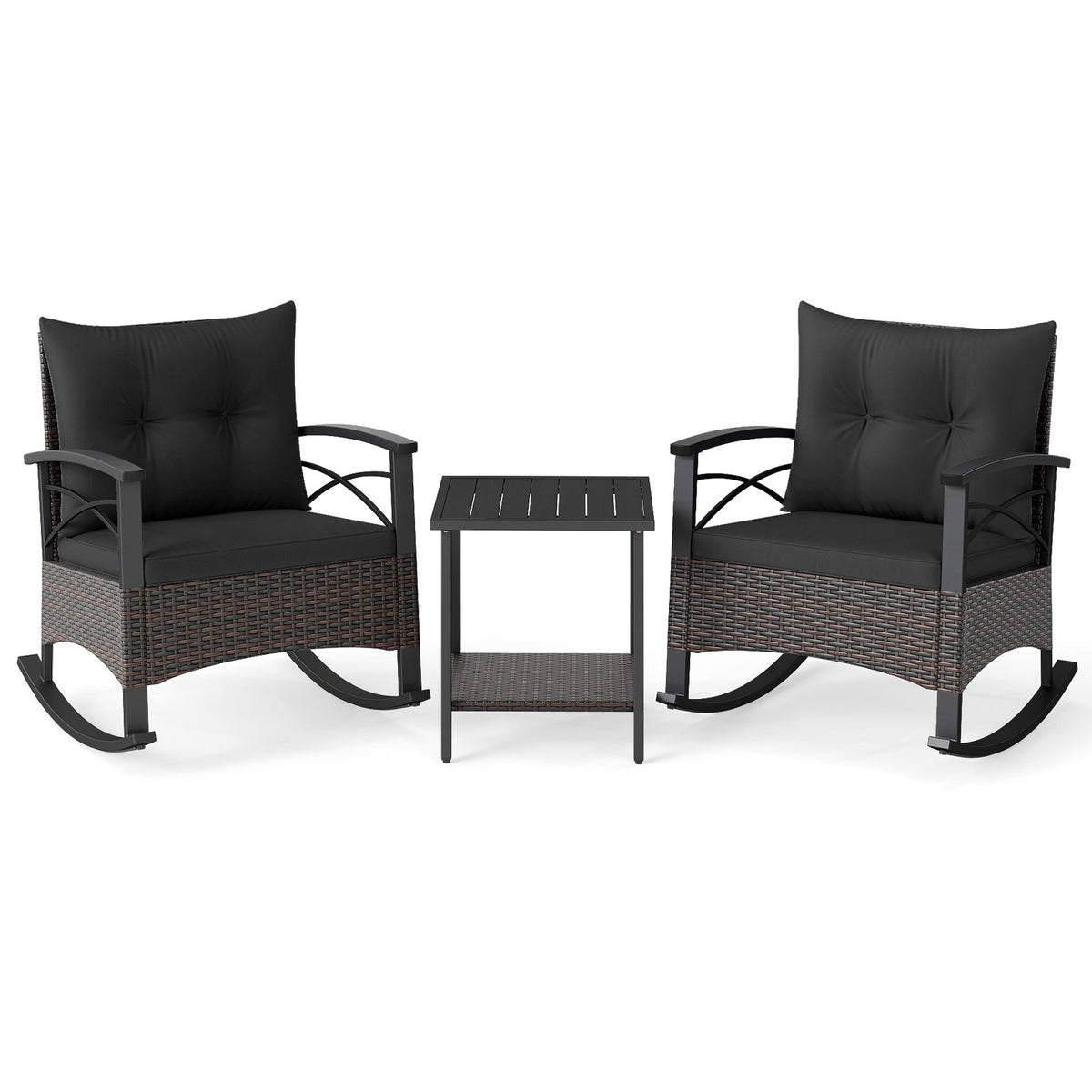 3 Piece Rocking Bistro Set PE Rattan Rocker Chairs with Acacia Wood Top Table-Black