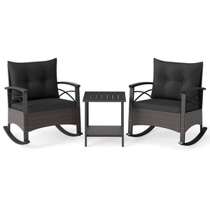 3 Piece Rocking Bistro Set PE Rattan Rocker Chairs with Acacia Wood Top Table-Black