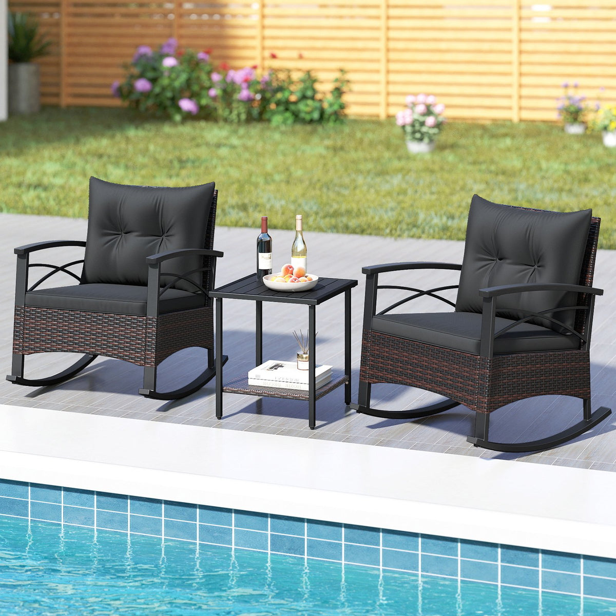 3 Piece Rocking Bistro Set PE Rattan Rocker Chairs with Acacia Wood Top Table-Black view 2