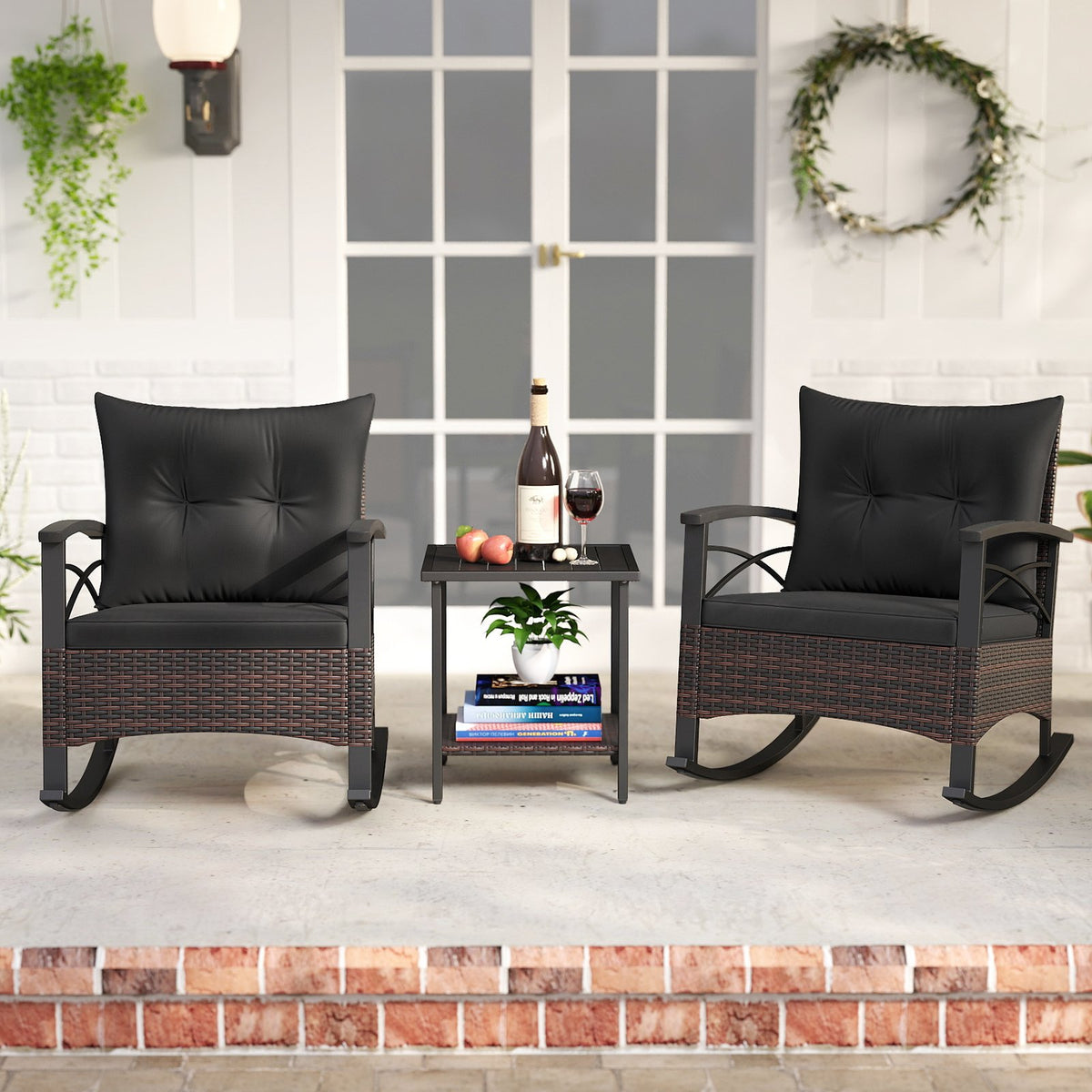3 Piece Rocking Bistro Set PE Rattan Rocker Chairs with Acacia Wood Top Table-Black view 3