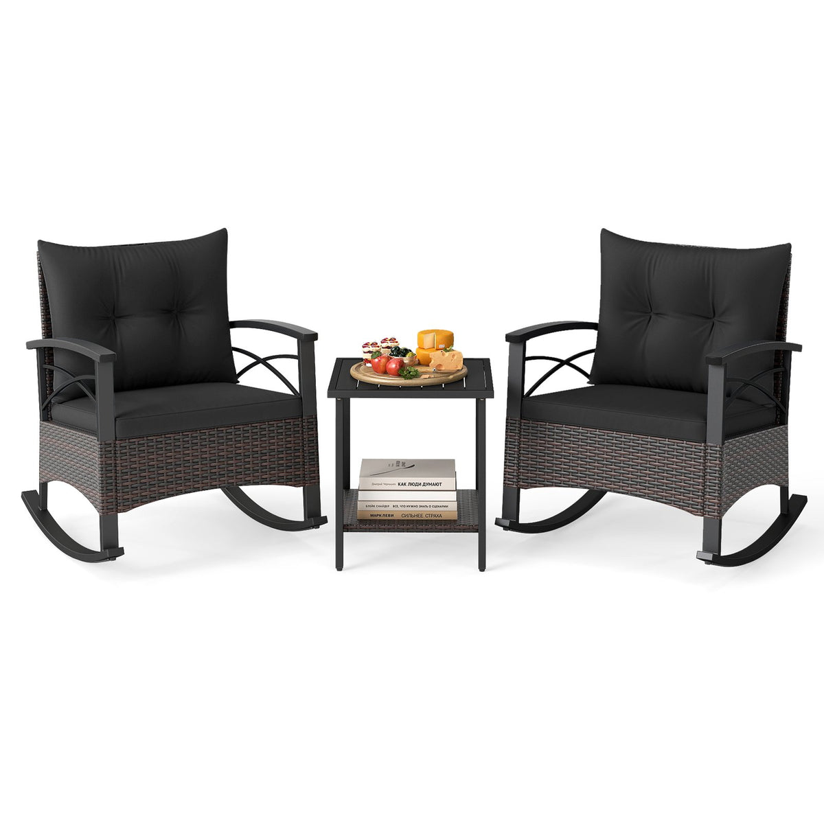 3 Piece Rocking Bistro Set PE Rattan Rocker Chairs with Acacia Wood Top Table-Black view 4