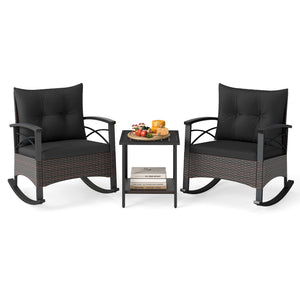 3 Piece Rocking Bistro Set PE Rattan Rocker Chairs with Acacia Wood Top Table-Black view 4