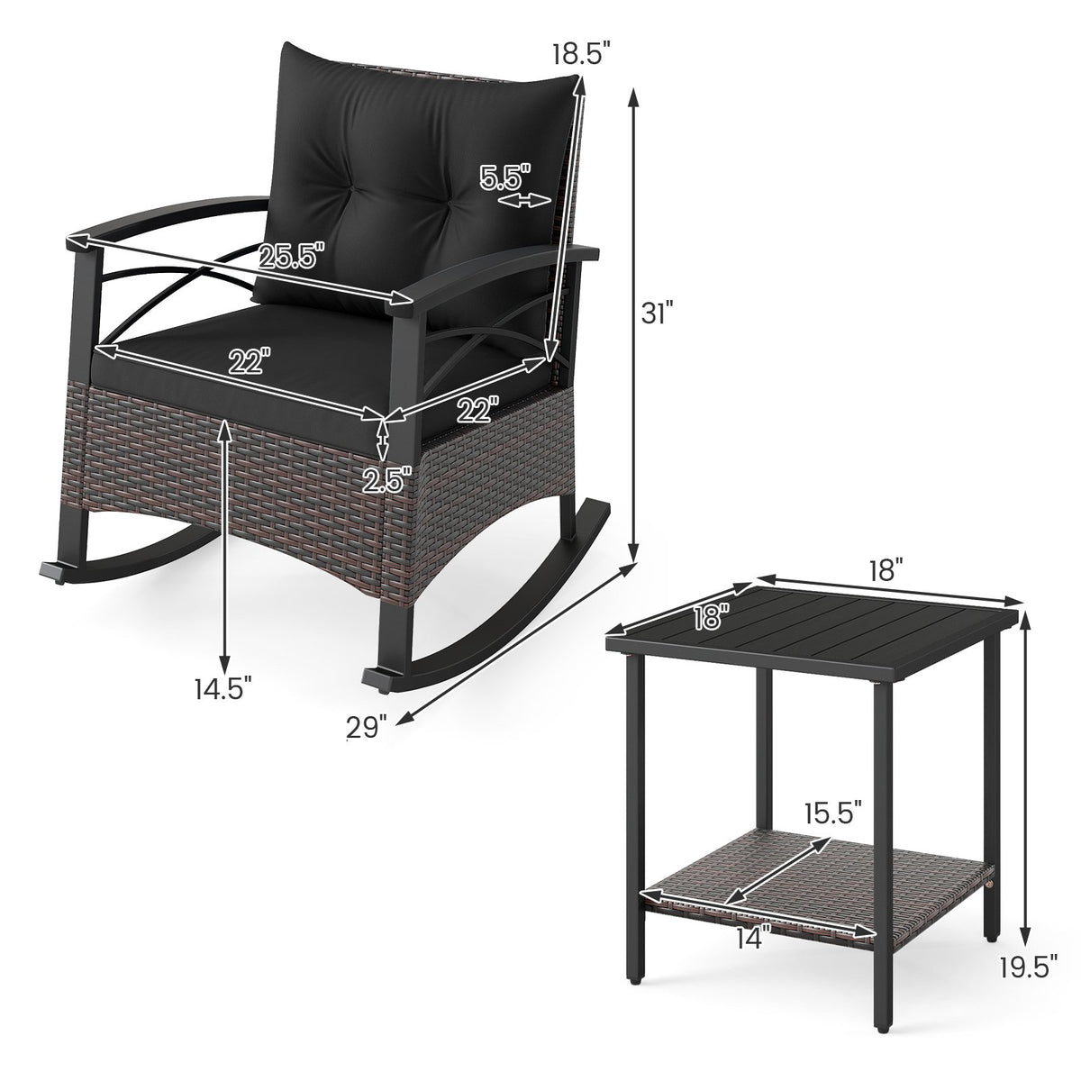 3 Piece Rocking Bistro Set PE Rattan Rocker Chairs with Acacia Wood Top Table-Black view 5